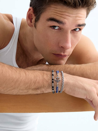 Avenix Charms Beaded Chain Silver, Blue Men's Loose Chain Bracelet Set