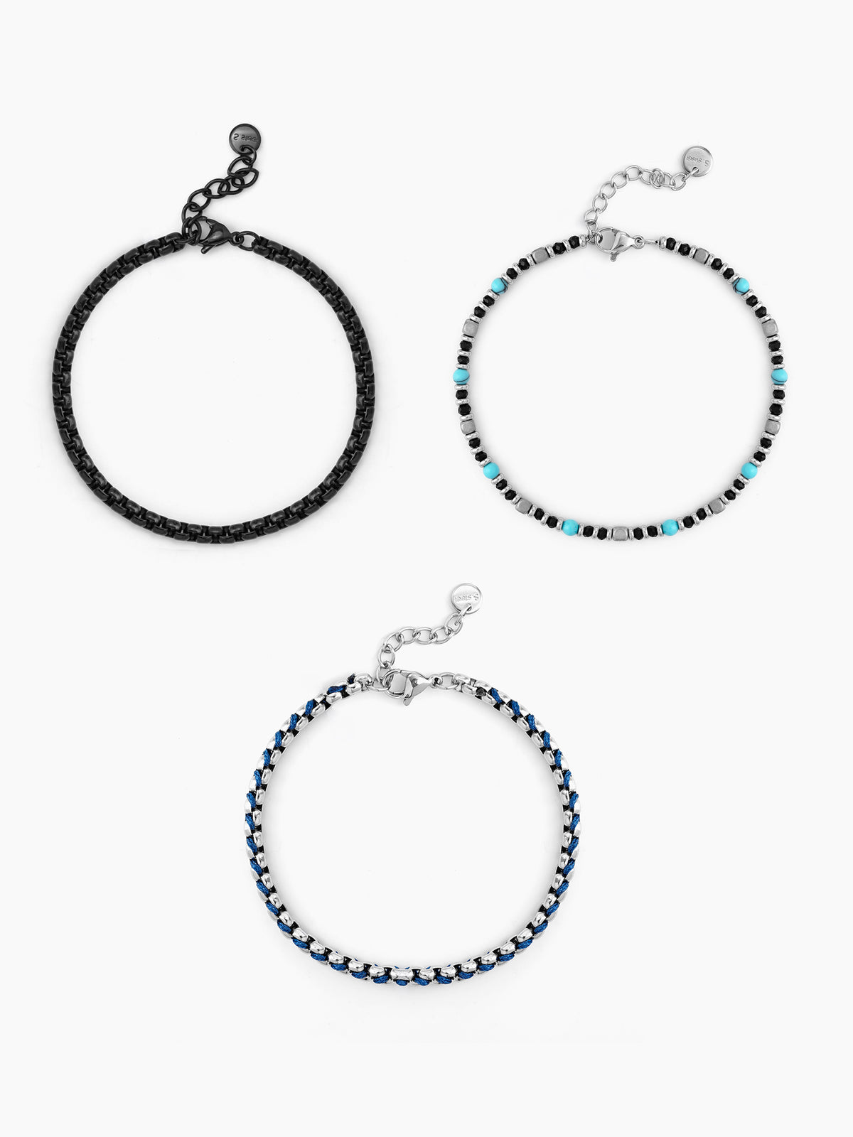 Avric Round Box Beaded Turquoise Black - Silver Men's Loose Chain Bracelet Set