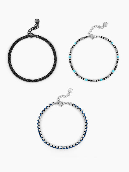 Avric Round Box Beaded Turquoise Black - Silver Men's Loose Chain Bracelet Set