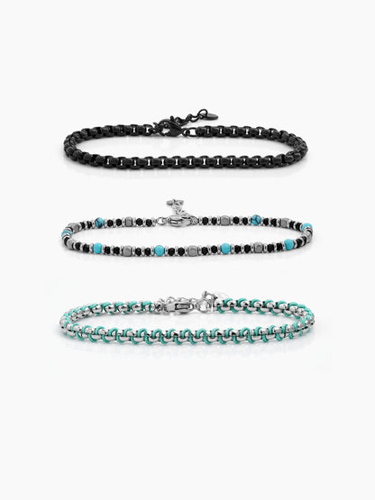 Avric Round Box Beaded Turquoise Black - Silver Men's Loose Chain Bracelet Set