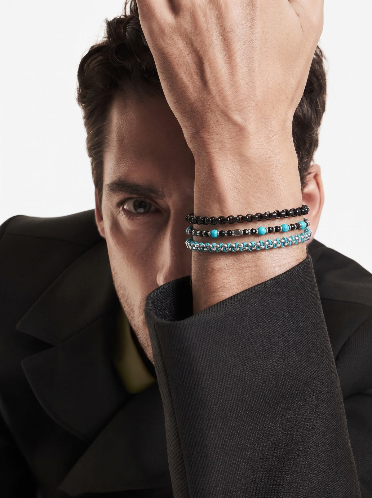 Avric Round Box Beaded Turquoise Black - Silver Men's Loose Chain Bracelet Set