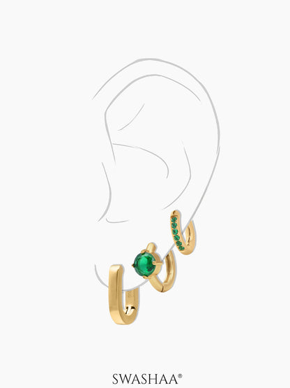 Avya Diamond Plain Hoops Bold Green Solitaire Studs Pave Emerald 18K Gold Plated  Earrings Set