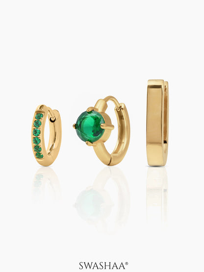 Avya Diamond Plain Hoops Bold Green Solitaire Studs Pave Emerald 18K Gold Plated  Earrings Set