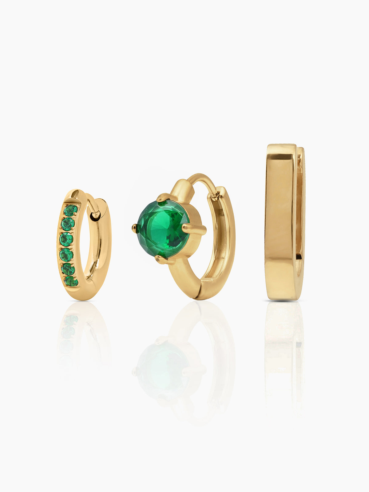 Avya Diamond Plain Hoops Bold Green Solitaire Studs Pave Emerald 18K Gold Plated  Earrings Set