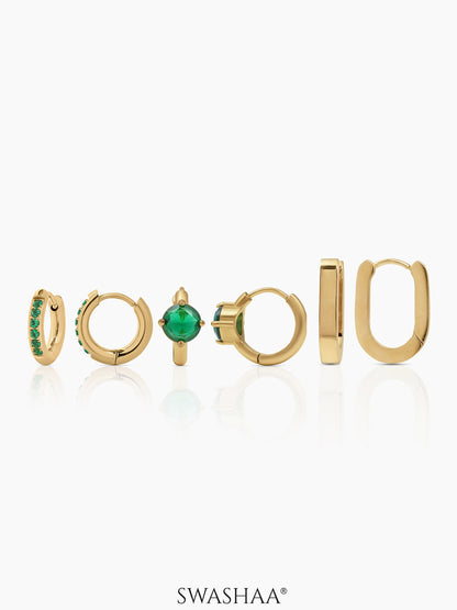 Avya Diamond Plain Hoops Bold Green Solitaire Studs Pave Emerald 18K Gold Plated  Earrings Set