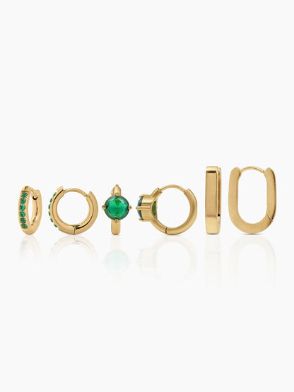Avya Diamond Plain Hoops Bold Green Solitaire Studs Pave Emerald 18K Gold Plated  Earrings Set