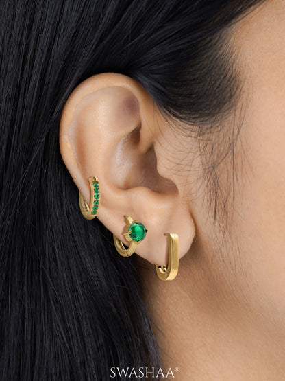 Avya Diamond Plain Hoops Bold Green Solitaire Studs Pave Emerald 18K Gold Plated  Earrings Set