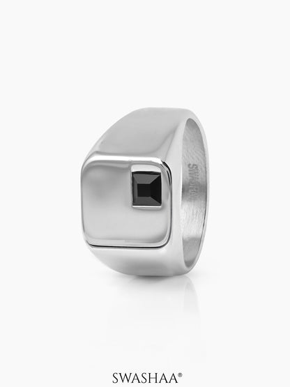 Axeon Black Zircon Diamond Signet Square Silver Band Men's Ring