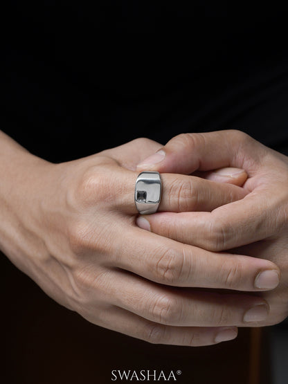 Axeon Black Zircon Diamond Signet Square Silver Band Men's Ring