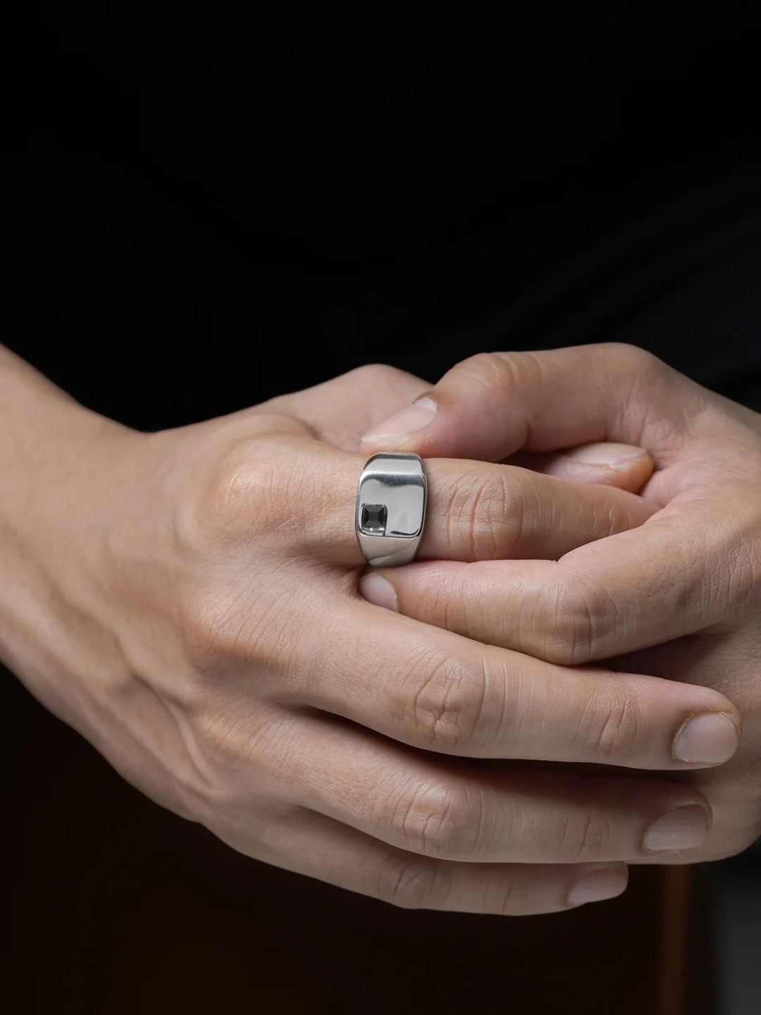 Axeon Black Zircon Diamond Signet Square Silver Band Men's Ring