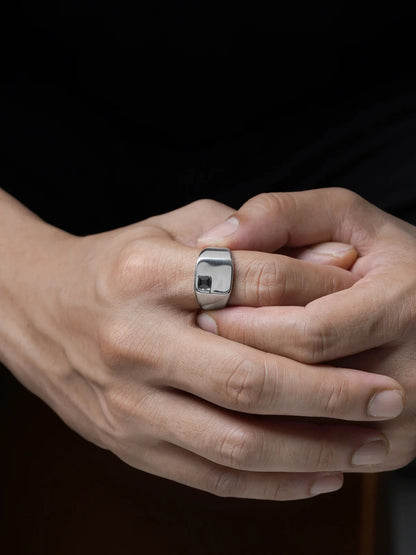 Axeon Black Zircon Diamond Signet Square Silver Band Men's Ring