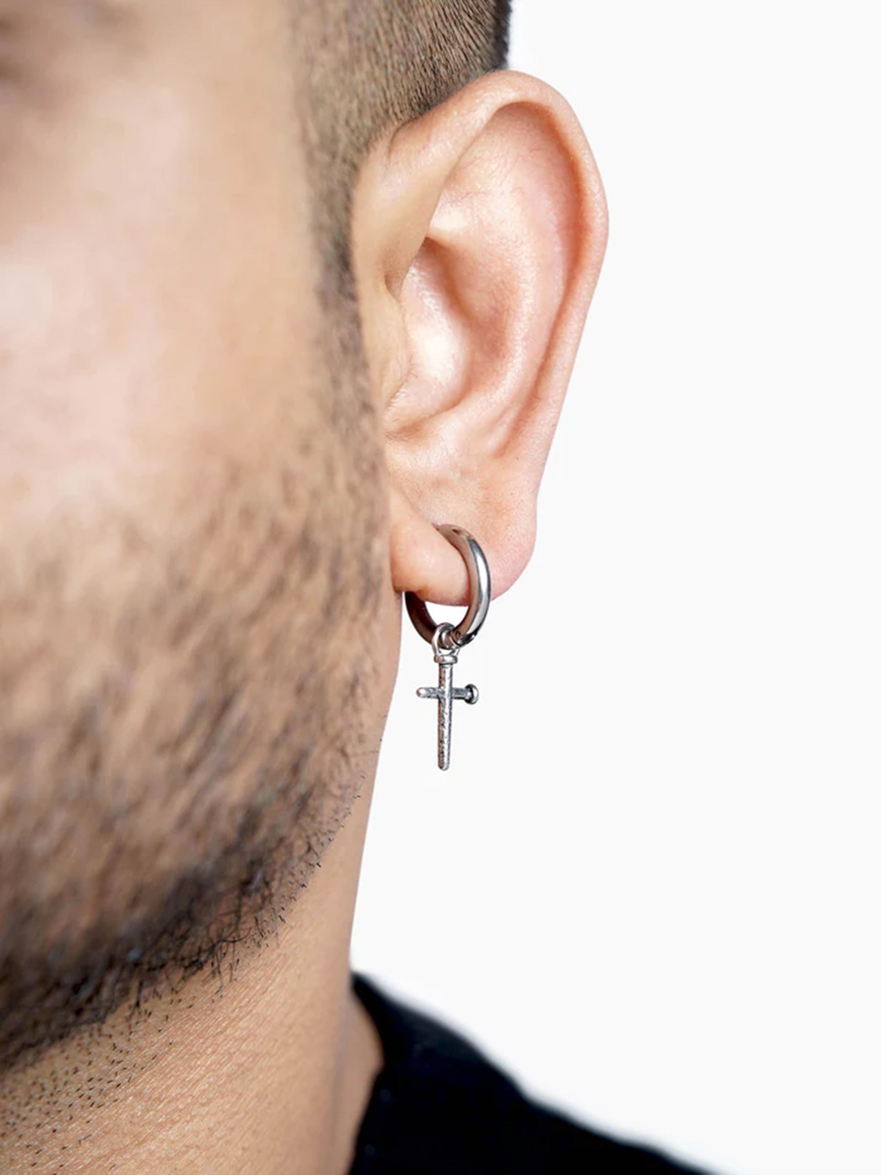 Axton Cross Drop Silver Men's Hanging Hoop Earrings