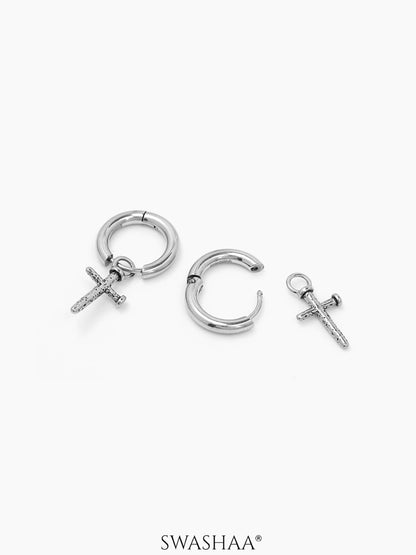 Axton Cross Drop Silver Men's Hanging Hoop Earrings