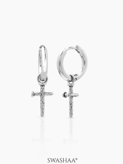 Axton Cross Drop Silver Men's Hanging Hoop Earrings