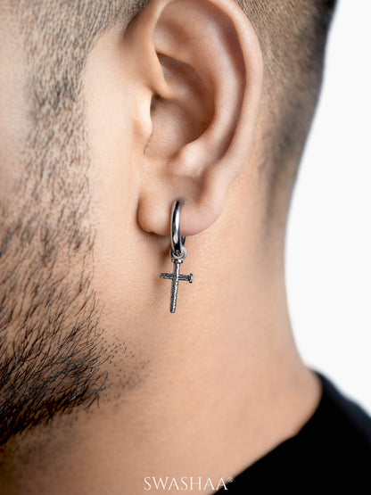 Axton Cross Drop Silver Men's Hanging Hoop Earrings