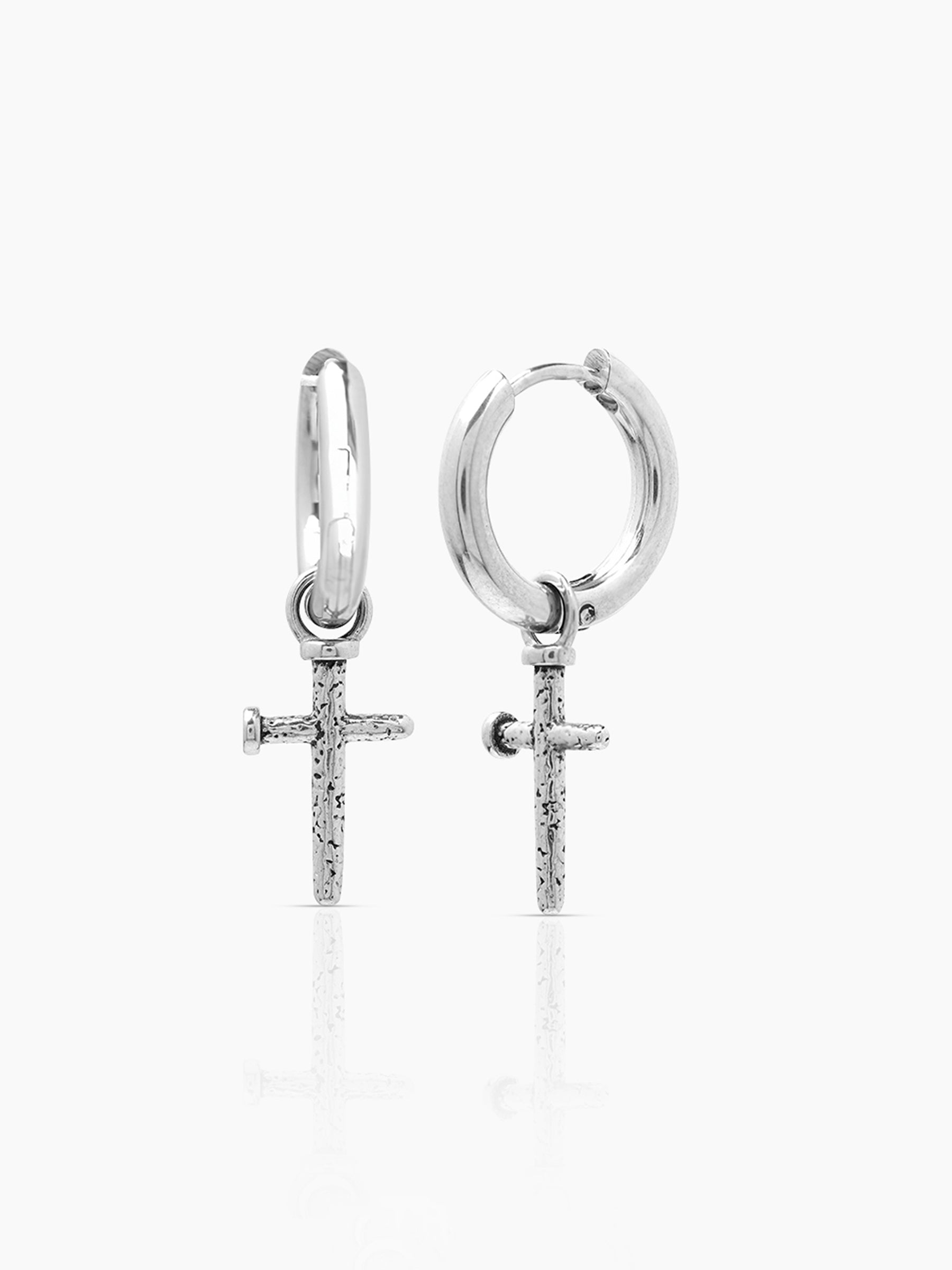 Axton Cross Drop Silver Men's Hanging Hoop Earrings