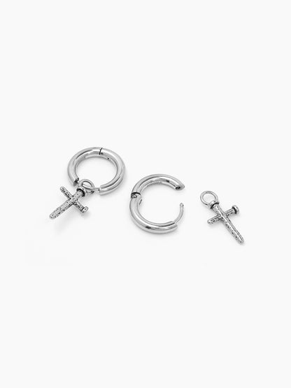Axton Cross Drop Silver Men's Hanging Hoop Earrings