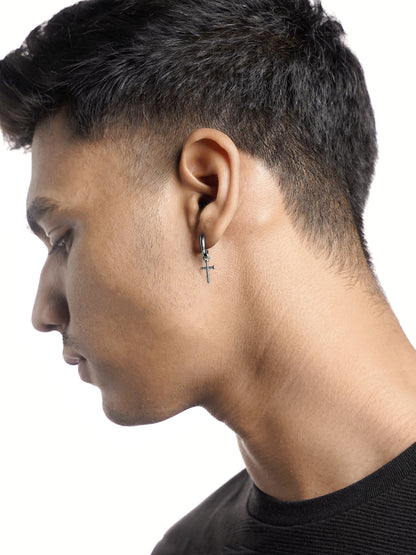 Axton Cross Drop Silver Men's Hanging Hoop Earrings