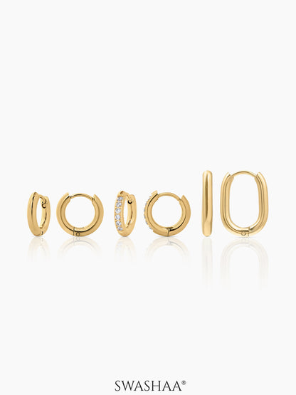 Ayra Gold Tone Huggie 18K Gold Plated Women's Hoop Earrings Set