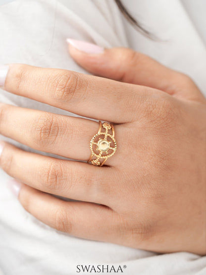 Aza Triple Band Dotted Wheel Motif 18K Gold Plated Ring