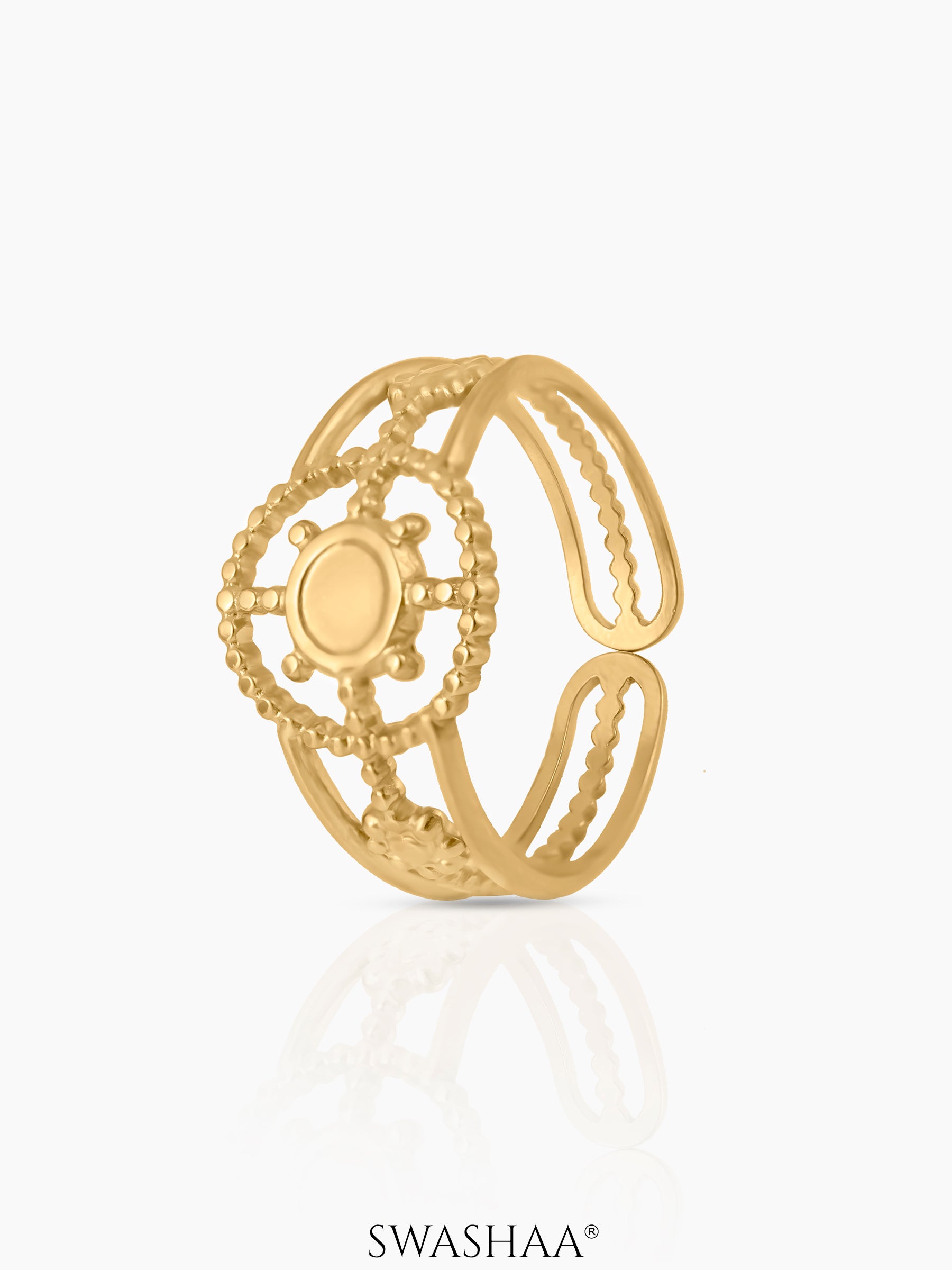 Aza Triple Band Dotted Wheel Motif 18K Gold Plated Ring
