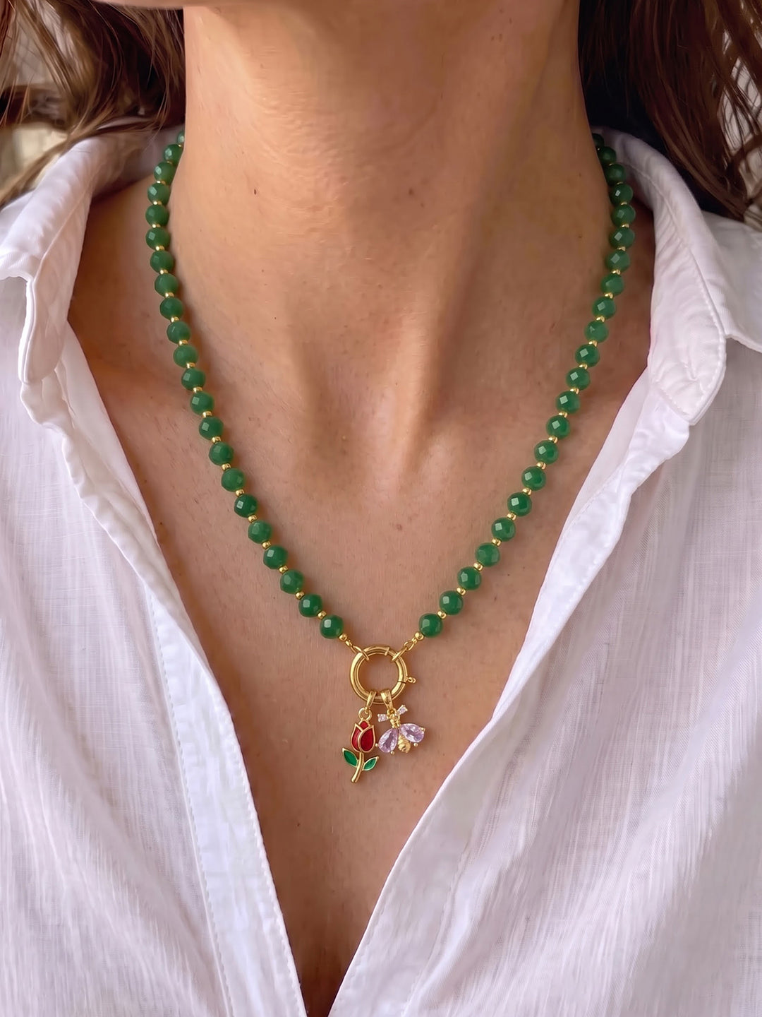 Azulis Tulip Butterfly Charms 18K Gold Plated - Green Women's Beaded Necklace