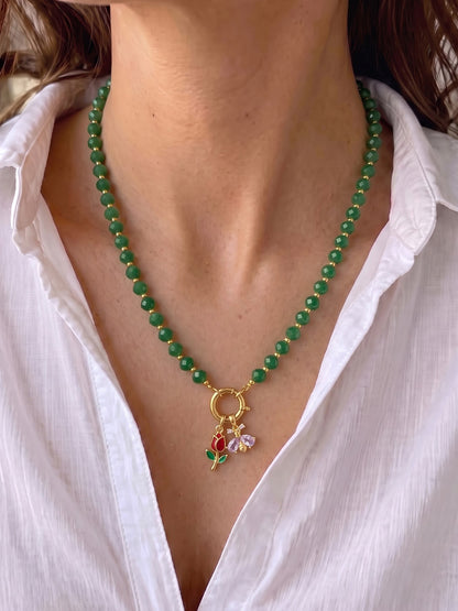 Azulis Tulip Butterfly Charms 18K Gold Plated - Green Women's Beaded Necklace