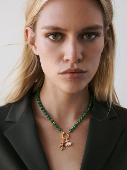 Azulis Tulip Butterfly Charms 18K Gold Plated - Green Women's Beaded Necklace