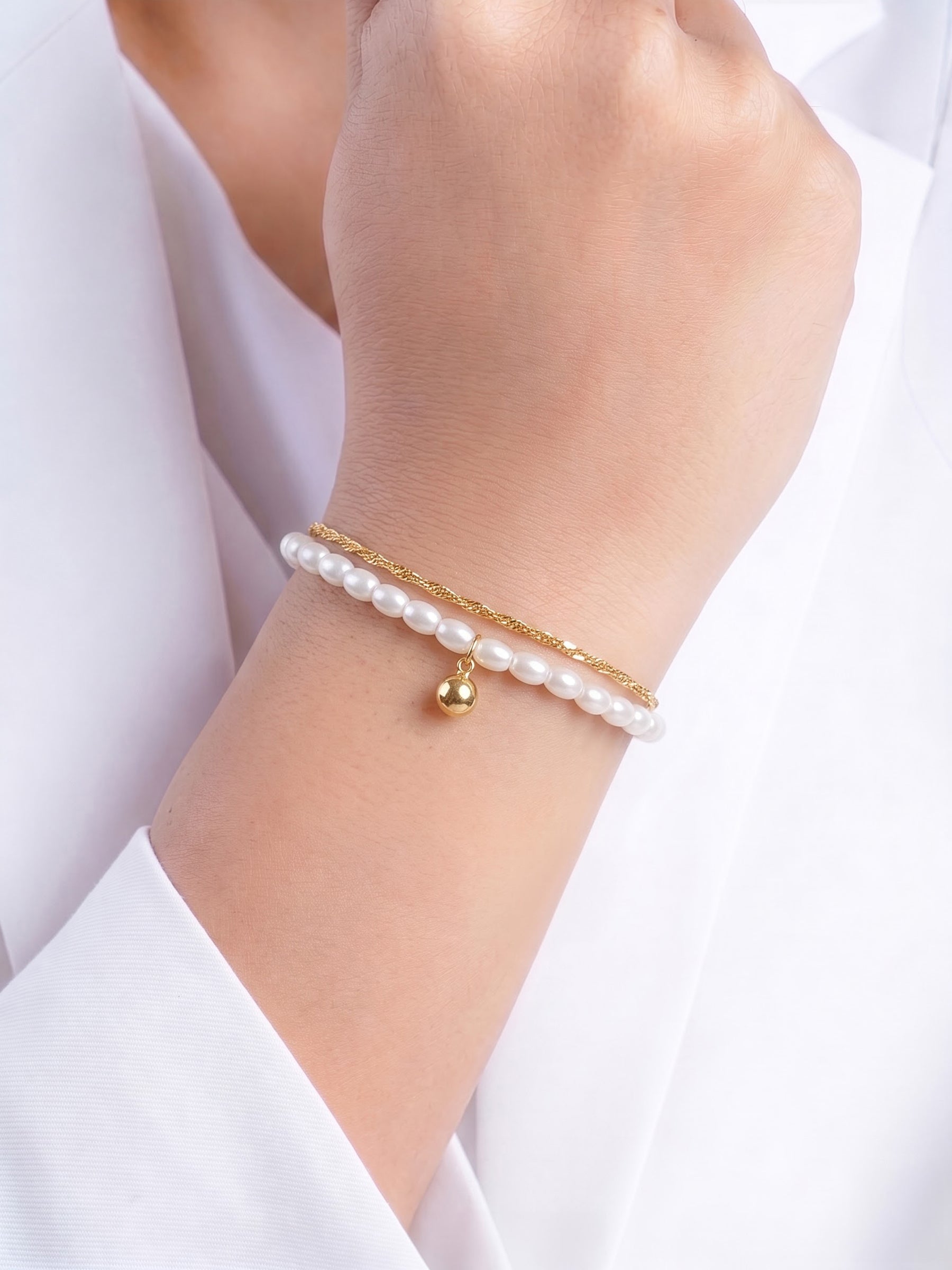 Beatrice Layered Pearl Bead Charm 18K Gold Plated Women's Loose Bracelets 