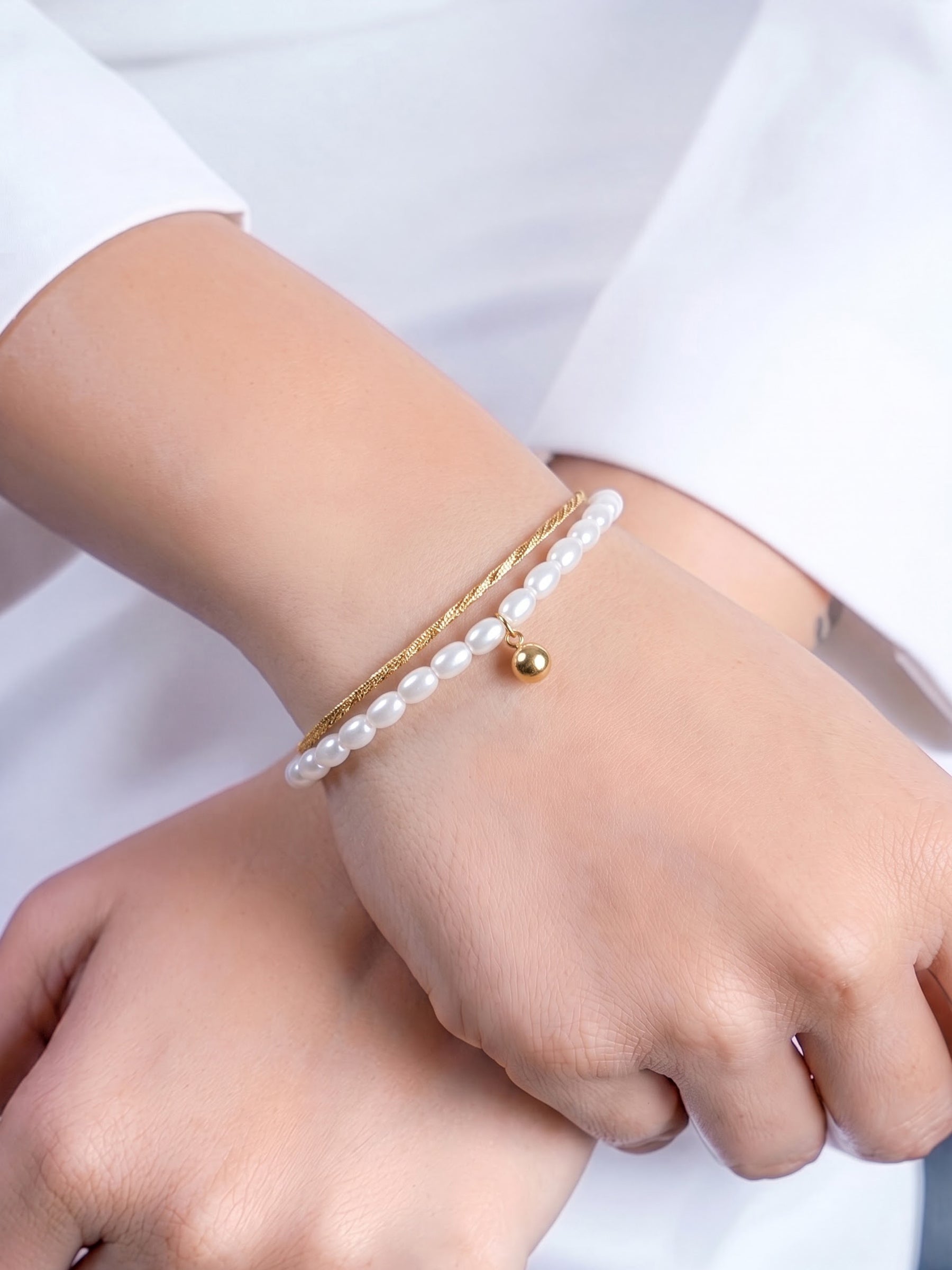 Beatrice Layered Pearl Bead Charm 18K Gold Plated Women's Loose Bracelets 