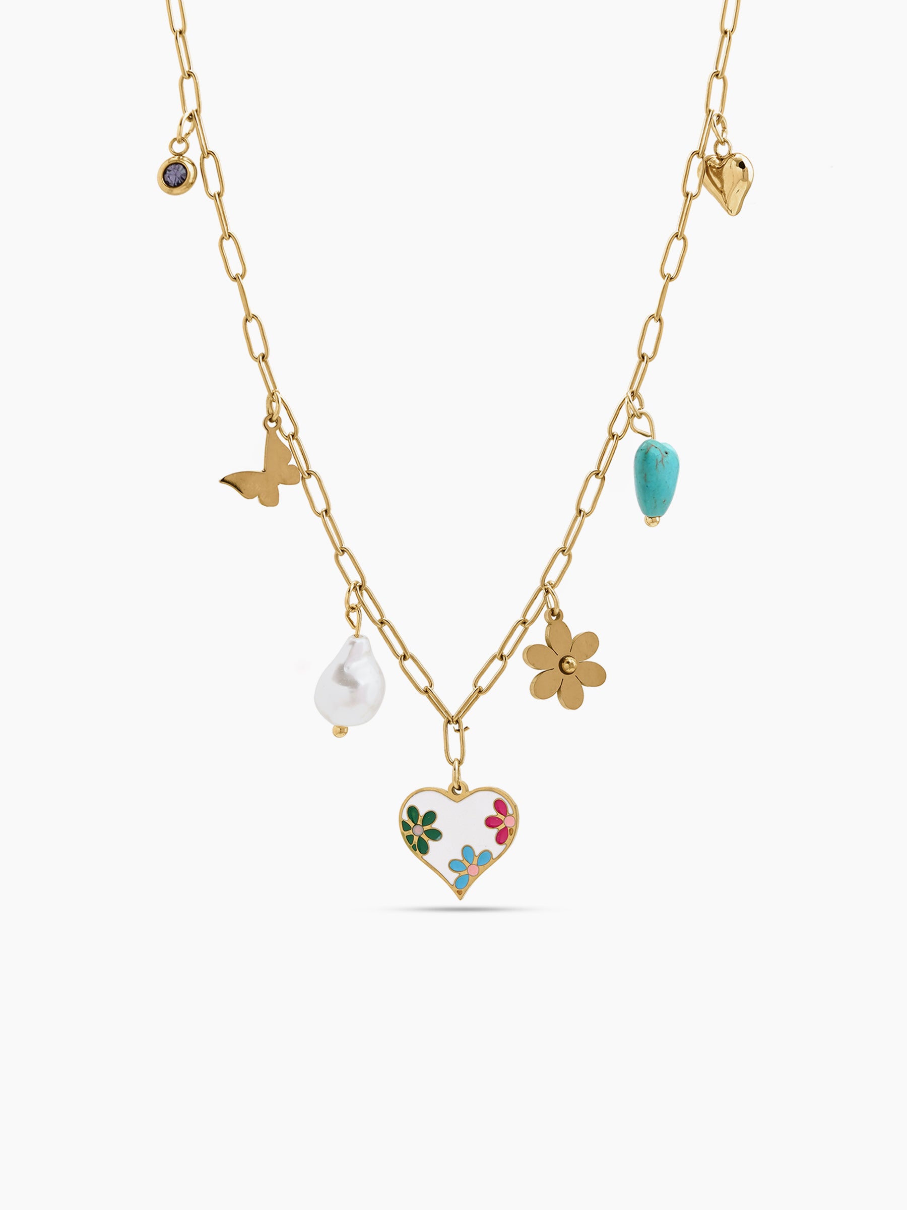 Belessa Heart Butterfly Pearl Blue Stone Floral Diamond Charm 18K Gold Plated Women's Chain Pendant Necklace