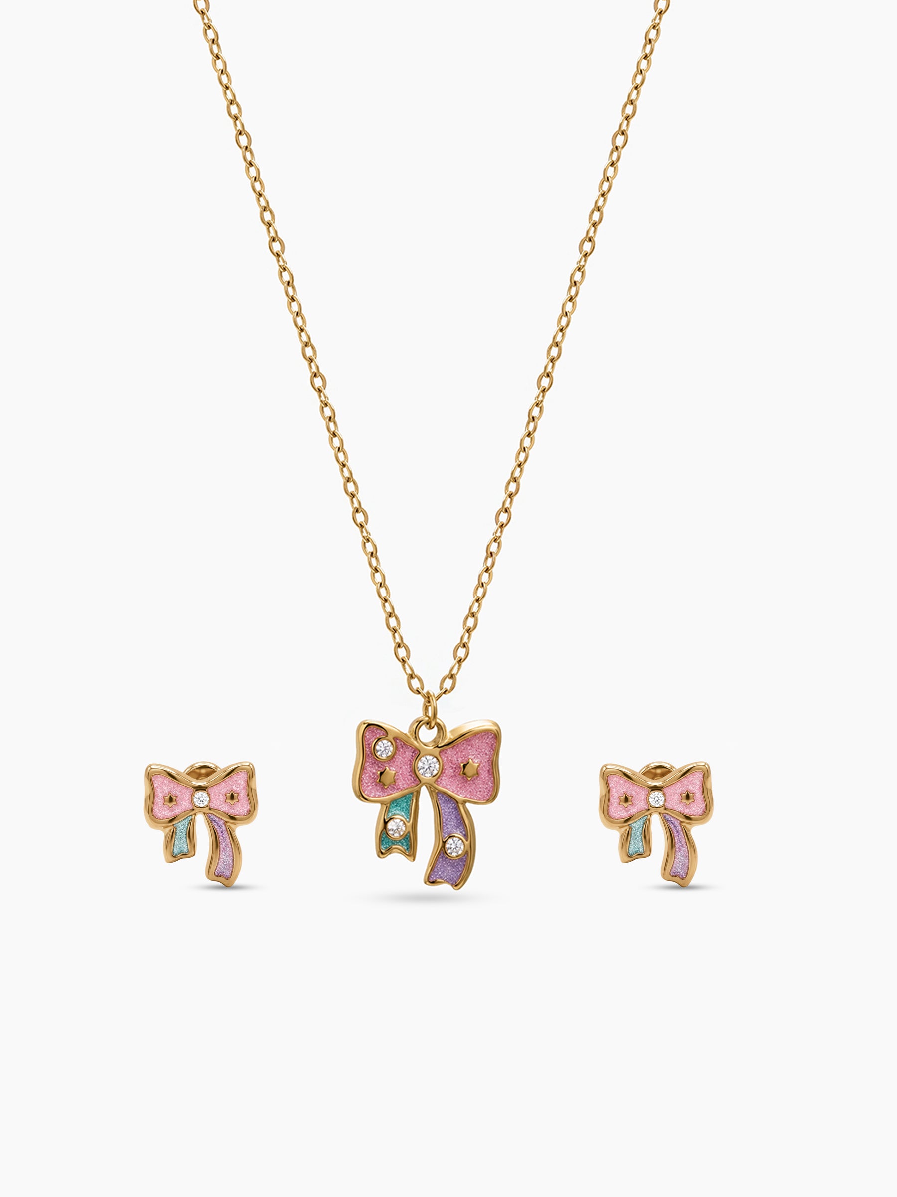 Blinky Bow Diamond Solitaire 18K Gold PlatedKid's Jewelry Set Of 2 - Necklace & Earrings