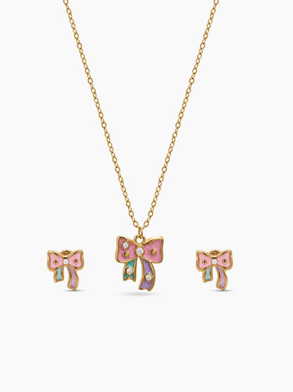 Blinky Bow Diamond Solitaire 18K Gold PlatedKid's Jewelry Set Of 2 - Necklace & Earrings