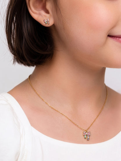 Blinky Bow Diamond Solitaire 18K Gold PlatedKid's Jewelry Set Of 2 - Necklace & Earrings