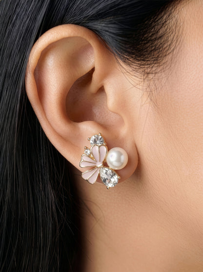 Bloom White Pearl Stud Earrings Bow-Inspired Diamond 18K Gold Plated Earrings