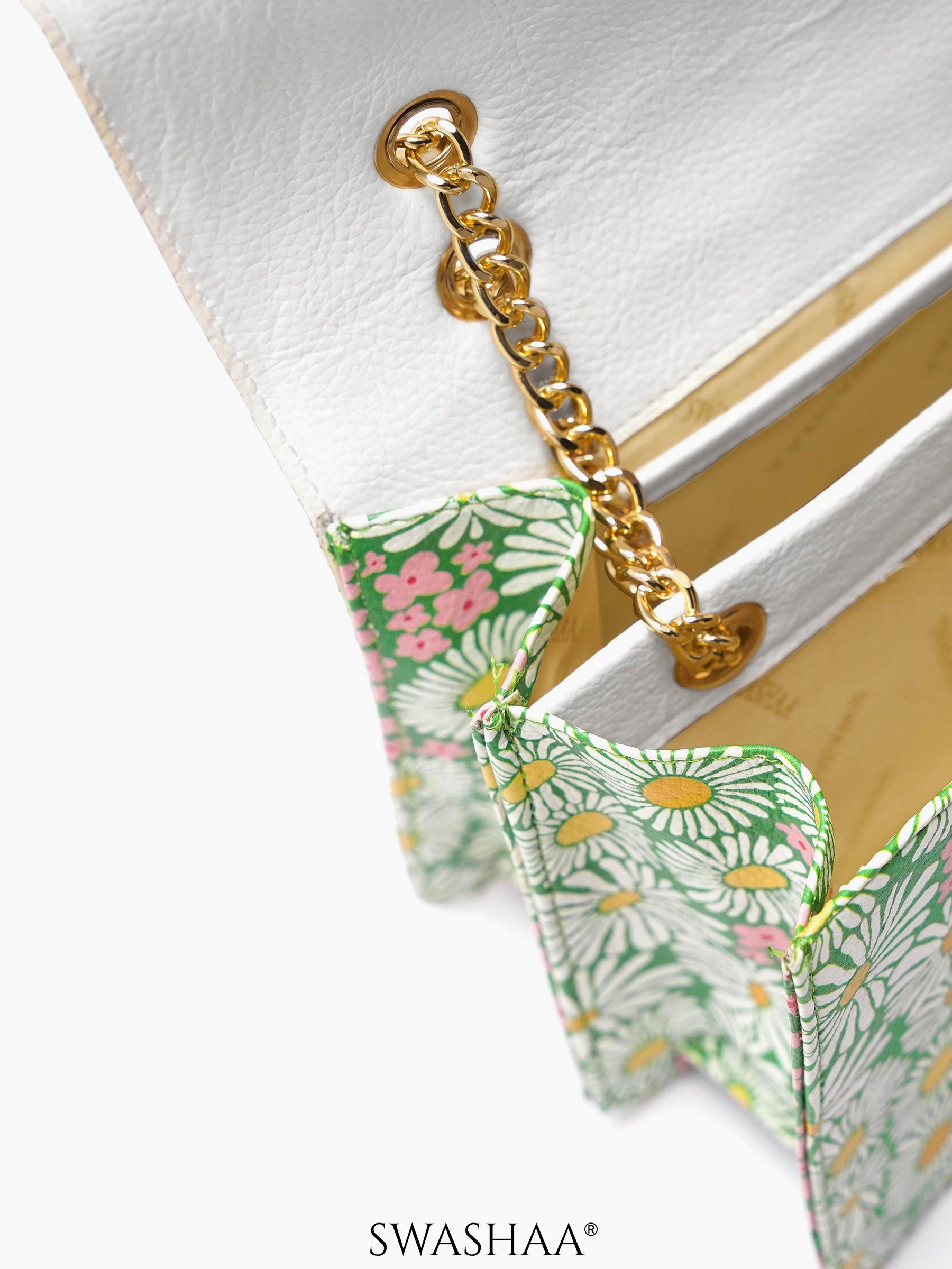 Blooming Bliss White Daisy Green Women's Leather Sling Bag