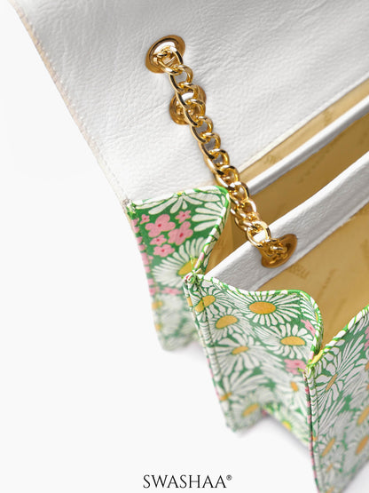 Blooming Bliss White Daisy Green Women's Leather Sling Bag