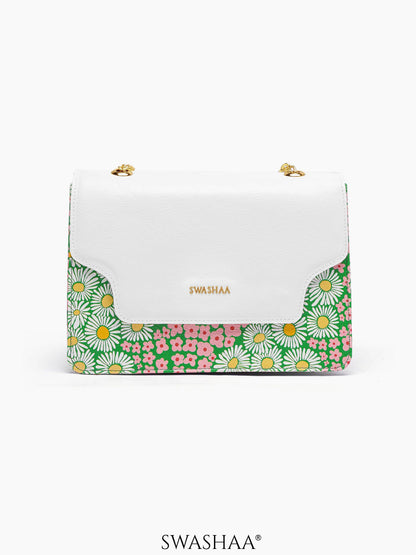 Blooming Bliss White Daisy Green Women's Leather Sling Bag