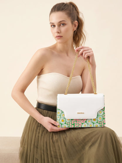 Blooming Bliss White Daisy Green Women's Leather Sling Bag