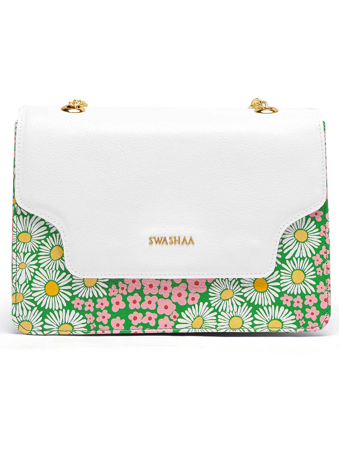 Blooming Bliss White Daisy Green Women's Leather Sling Bag