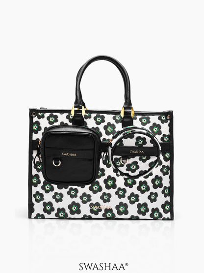 Blossom Black Green Floral Women's Leather Tote Bag