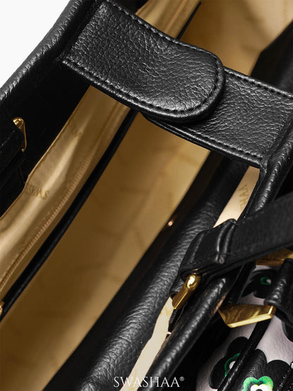 Blossom Black Green Floral Women's Leather Tote Bag