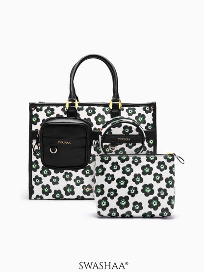Blossom Black Green Floral Women's Leather Tote Bag
