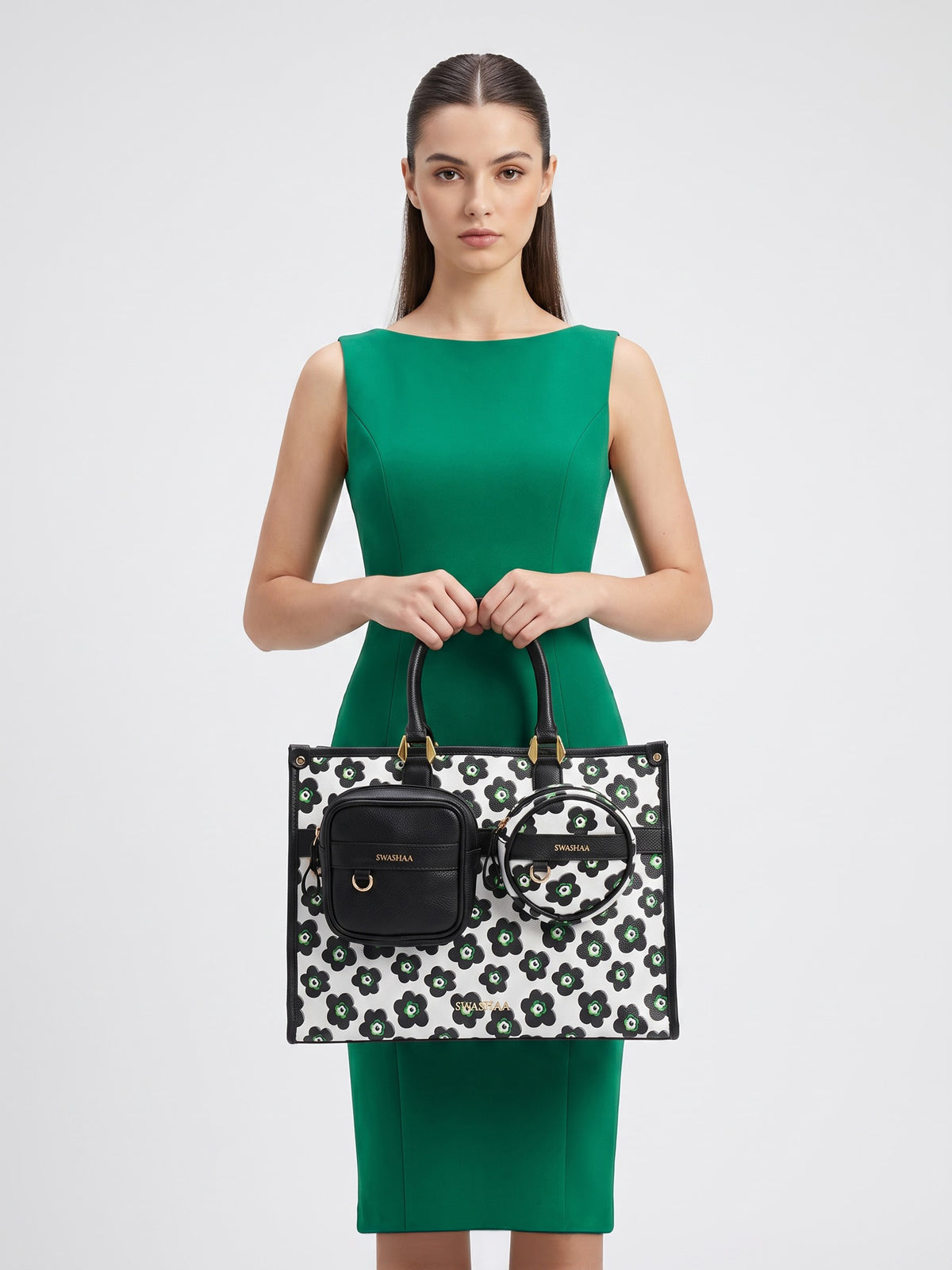Blossom Black Green Floral Women's Leather Tote Bag