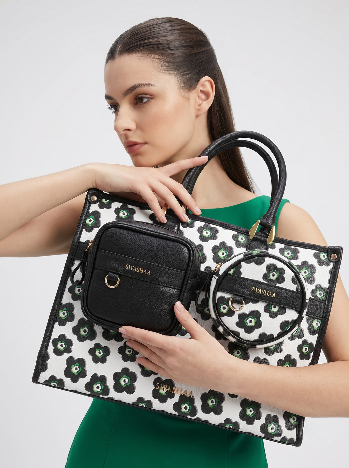 Blossom Black Green Floral Women's Leather Tote Bag