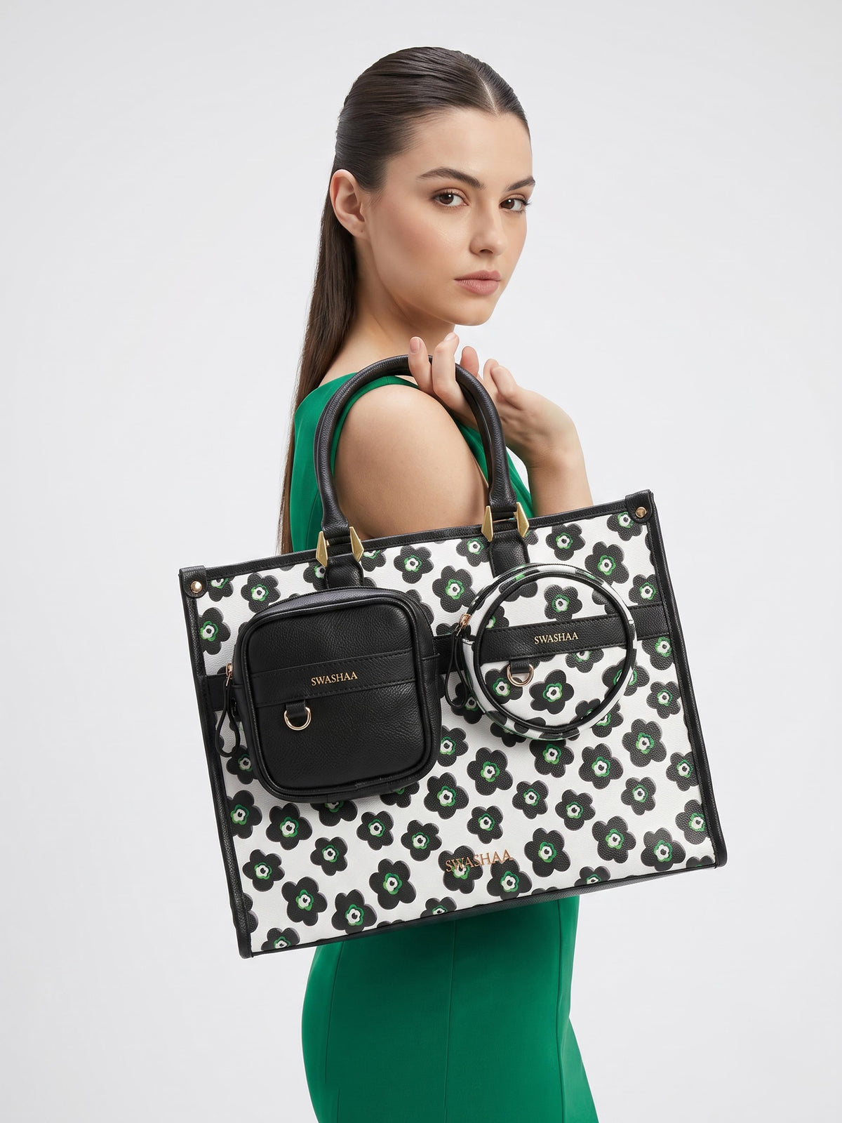 Blossom Black Green Floral Women's Leather Tote Bag