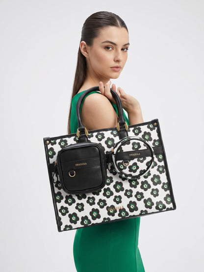 Blossom Black Green Floral Women's Leather Tote Bag