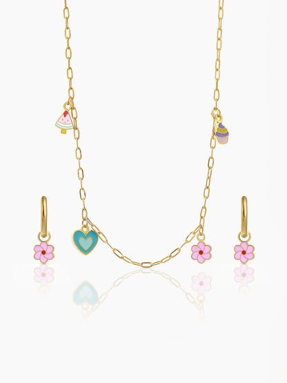Blossom Love Heart, Watermelon, Cupcake, Floral, Flower Charms 18K Gold Plated Kid's Jewelry Set Of 2 - Necklace & Hoop Charm Earrings