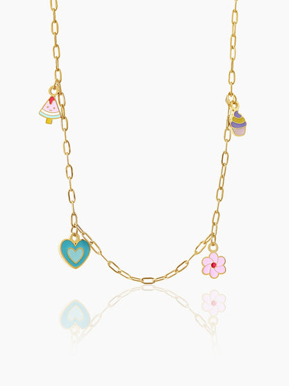 Blossom Love Heart, Watermelon, Cupcake, Floral, Flower Charms 18K Gold Plated Kid's Jewelry Set Of 2 - Necklace & Hoop Charm Earrings