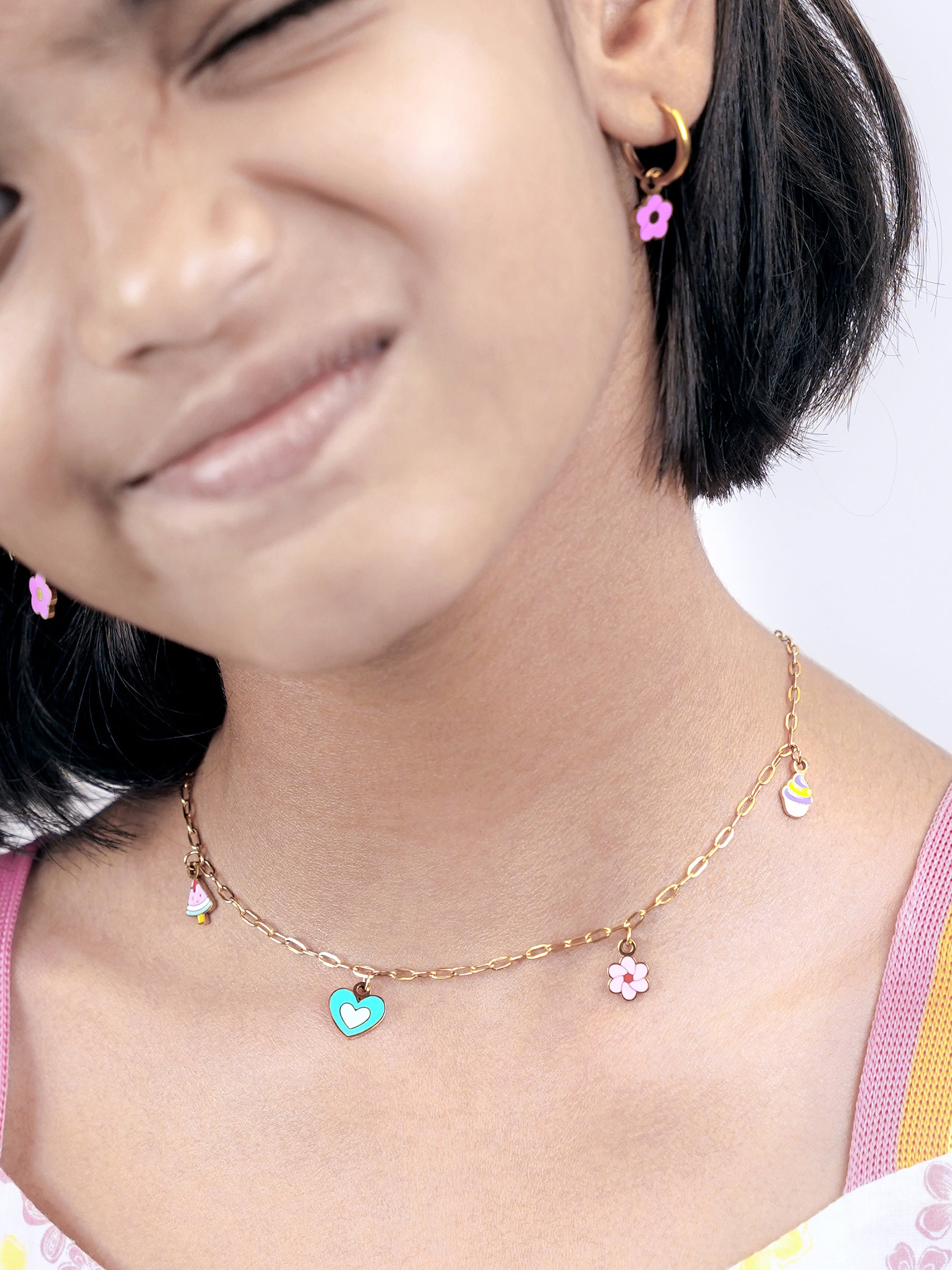 Blossom Love Heart, Watermelon, Cupcake, Floral, Flower Charms 18K Gold Plated Kid's Jewelry Set Of 2 - Necklace & Hoop Charm Earrings